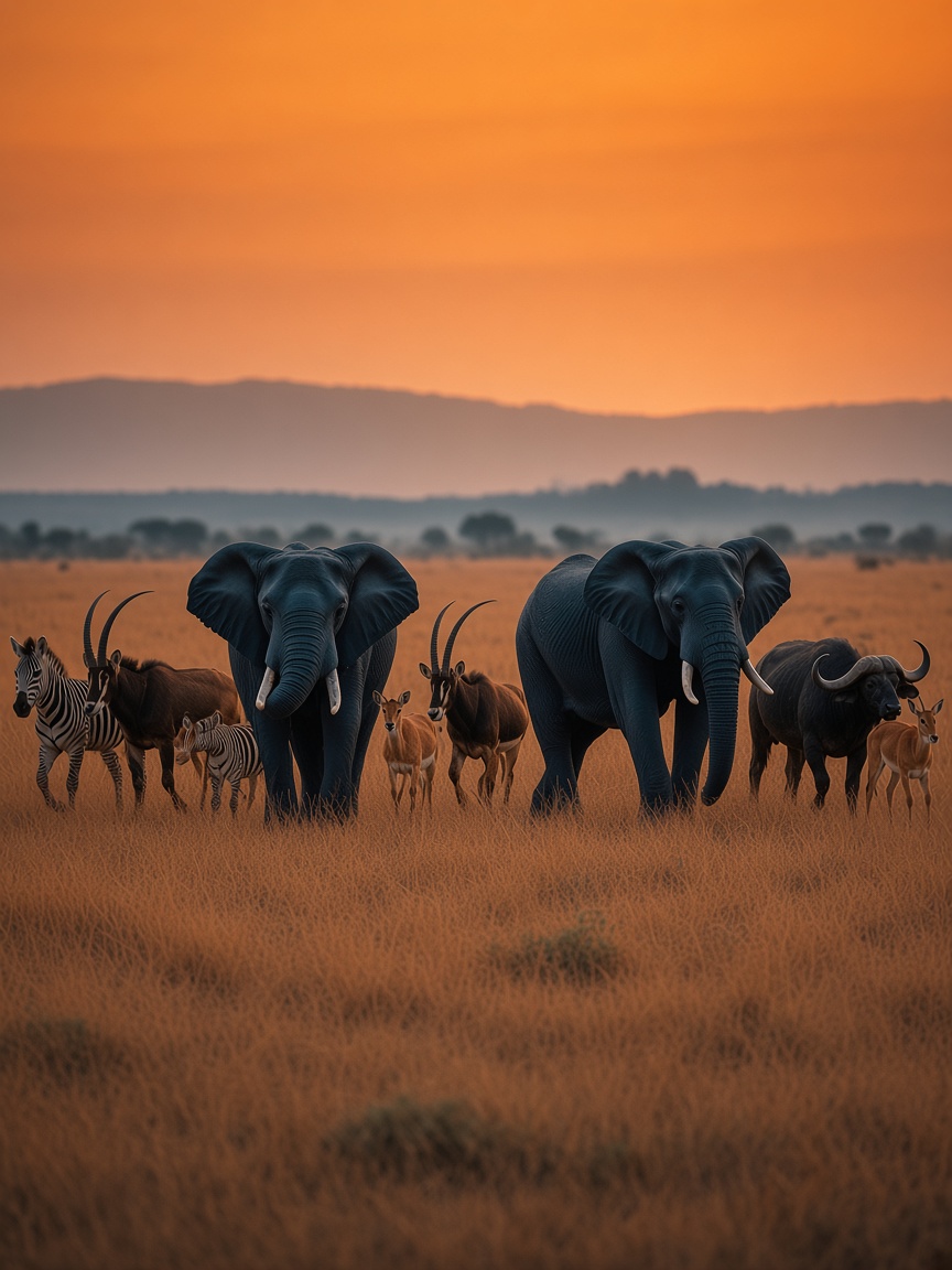 Elephants, zebras, antelope and buffalo walking together in Hwange National Park at sunset